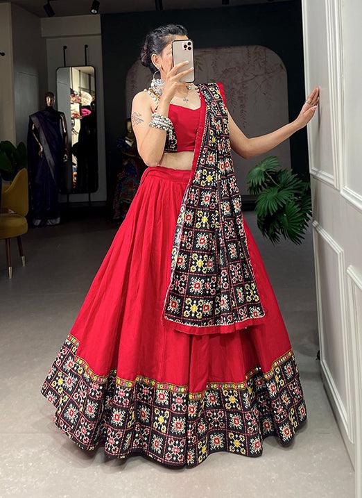 Red and Black Navratri Lehenga Choli in Pure Cotton with Patola Print and Mirror Work Free Shipping 2025 New