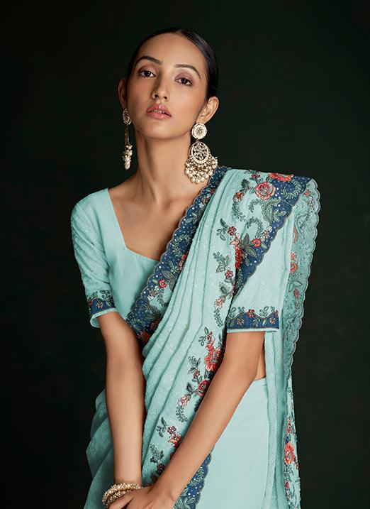 Entrancing Turquoise Lucknowi Embroidered Georgette Saree Buy Cheap Visit