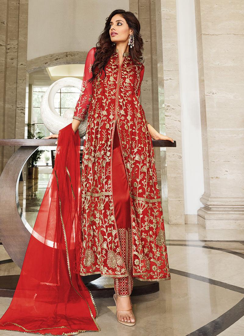 Embroidered Net Base Red Slit Cut Suit Tumblr Sale Online