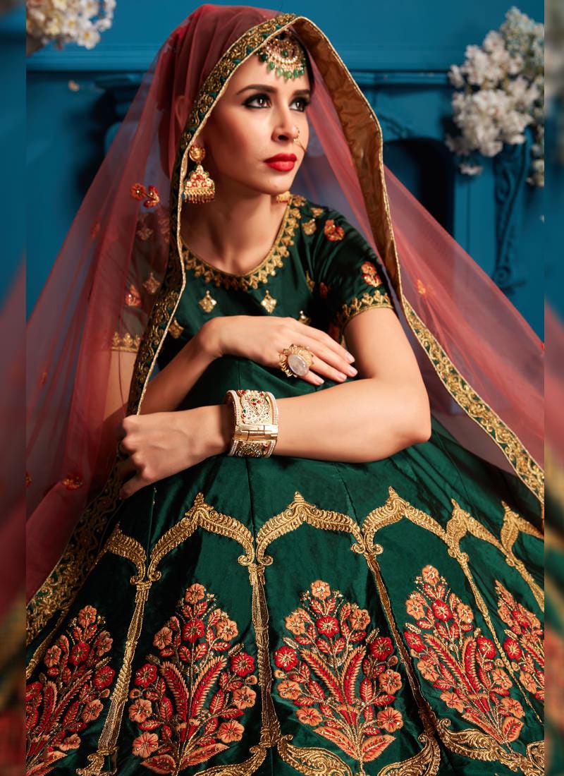 Dark Green Color Satin Base Designer Embroidred Lehenga Choli Extremely Cheap Pice