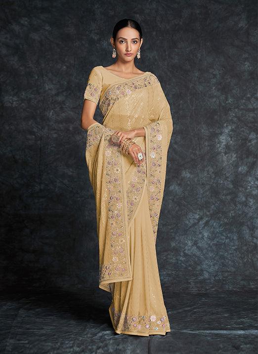 Mesmerizing Mustard Yellow Georgette Classic Saree with Heavy Embroidery Official Site