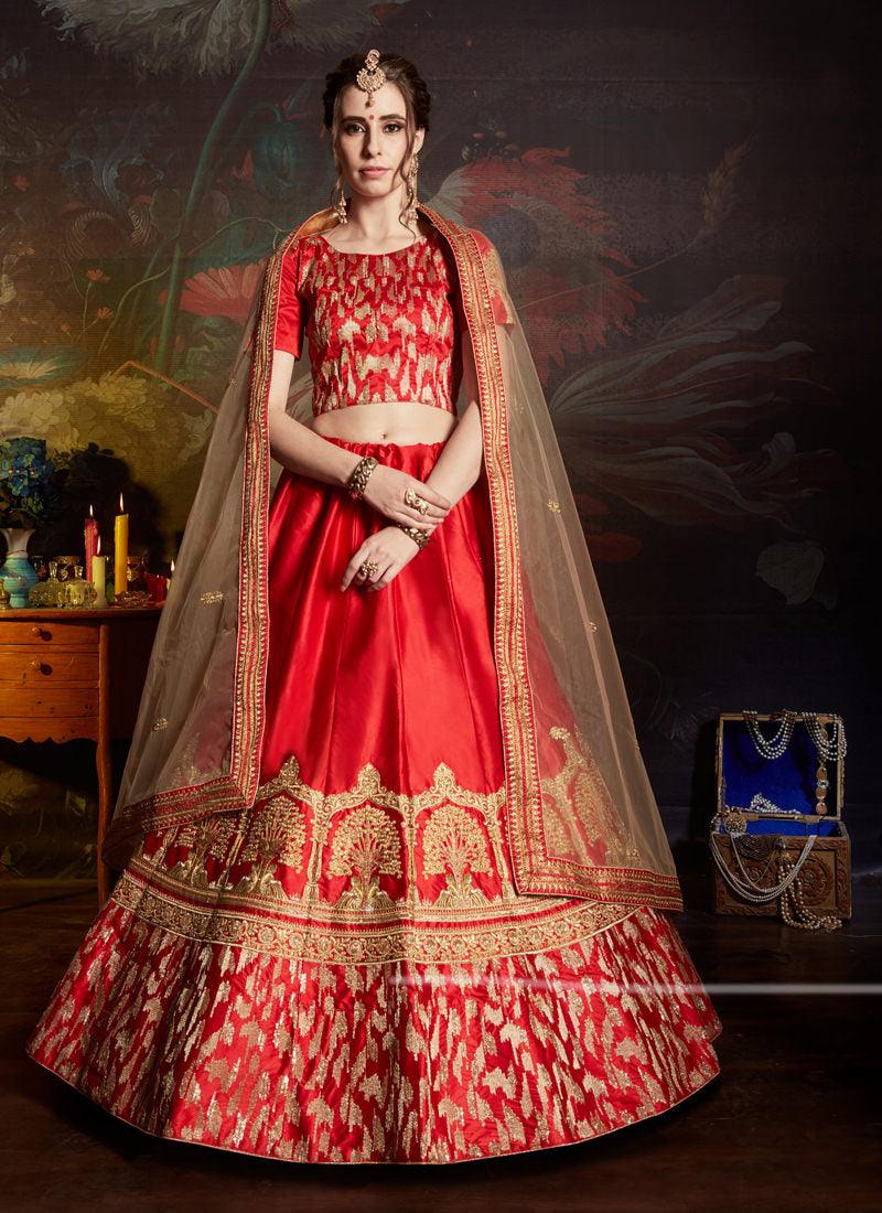 Red Color Satin Base Embroidered Designer Lehenga Choli Comfortable Cheap Pice