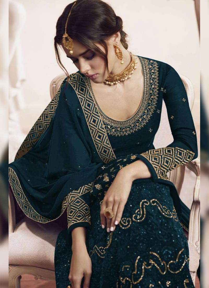 Elegant Teal Blue Georgette Palazzo Salwar Suit Buy Cheap Get Authentic