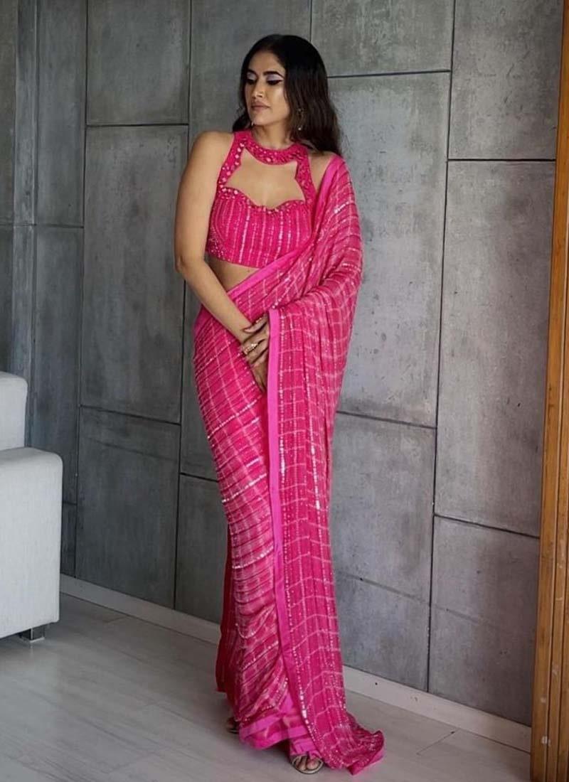 Astonishing Pink Color Silk Fabric Sequins And Mirror work Embroidered Saree Inexpensive Sale Online