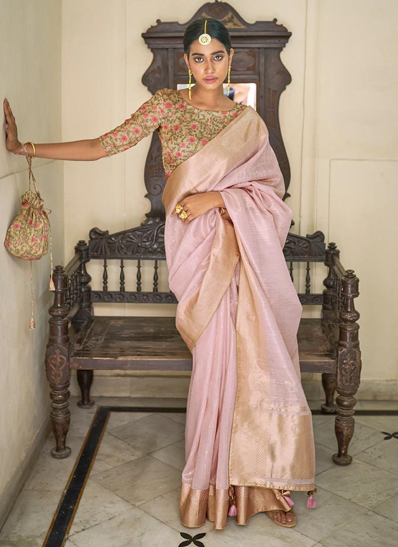 Pink Organza Saree With Printed Blouse Lowest Pice