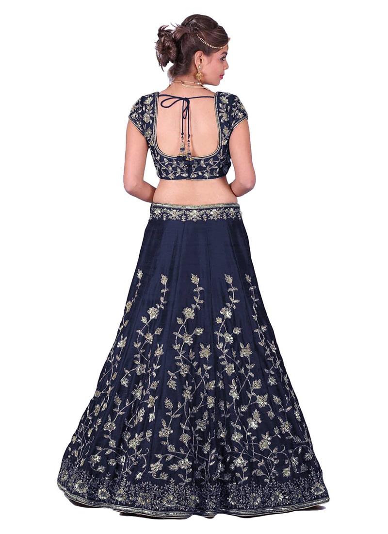 Navy Blue Banglori Silk Lehenga Choli With Applique Embroidery Work Cheap Sale How Much