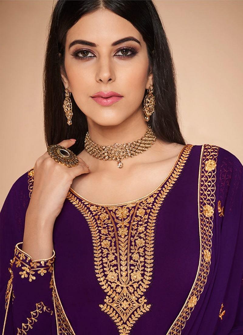 Purple Color Stone And Zari Work Georgette Fabric Pant Style Suit Cheap Sale Genuine