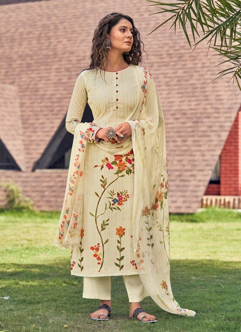 Full Sleeves Light yellow Color Cotton Fabric Mirror Work Pant Style Salwar Suit Free Shipping Best Pices