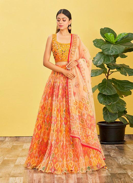 Yellow Organza Lehenga Choli with Real Mirror & Zari Sequin Embroidery Outlet Cheap Online