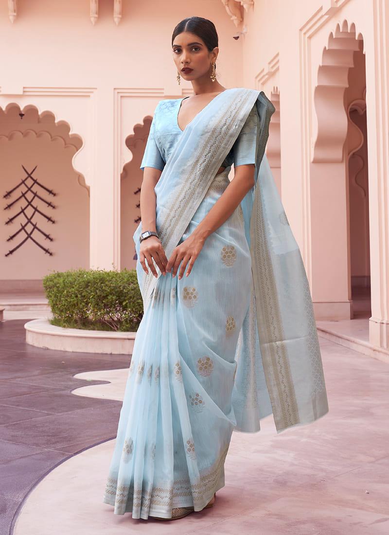 Zari Weaving Ice Blue Linen Saree Discount Nicekicks