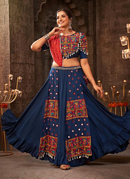 Blue Gamthi Thread Embroidered Navratri Lehenga Choli Outlet Shop