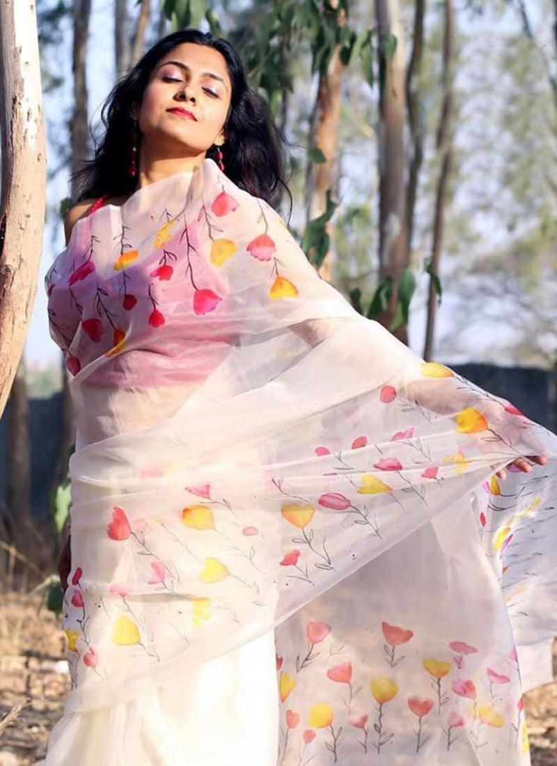 White Digital Print Organza Casual Printed Saree Kreeva Recommend For Sale