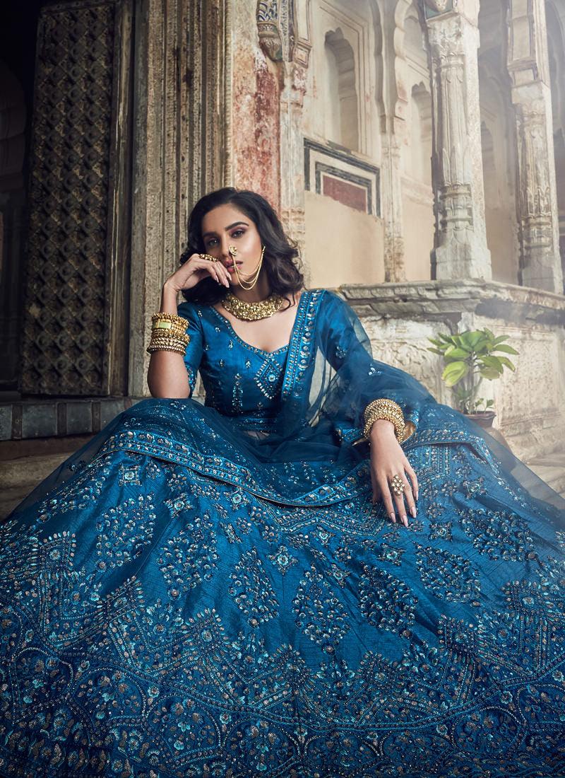 Marvellous Kerosene Blue Art Silk Base Sequin Lehenga Choli Clearance 100% Guaranteed