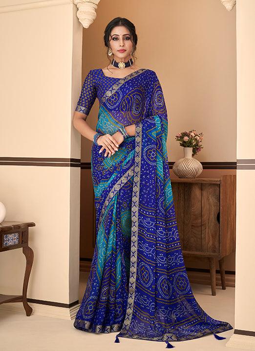 Graceful Navy Blue With Sky Blue Bandhani Chiffon Saree Best Sale For Sale