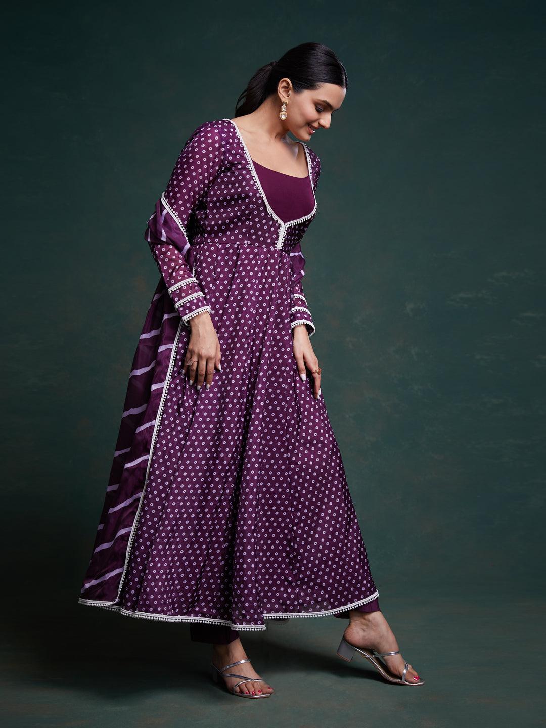 Purple bandhani pattern anarkali suit Cheap Sale Explore