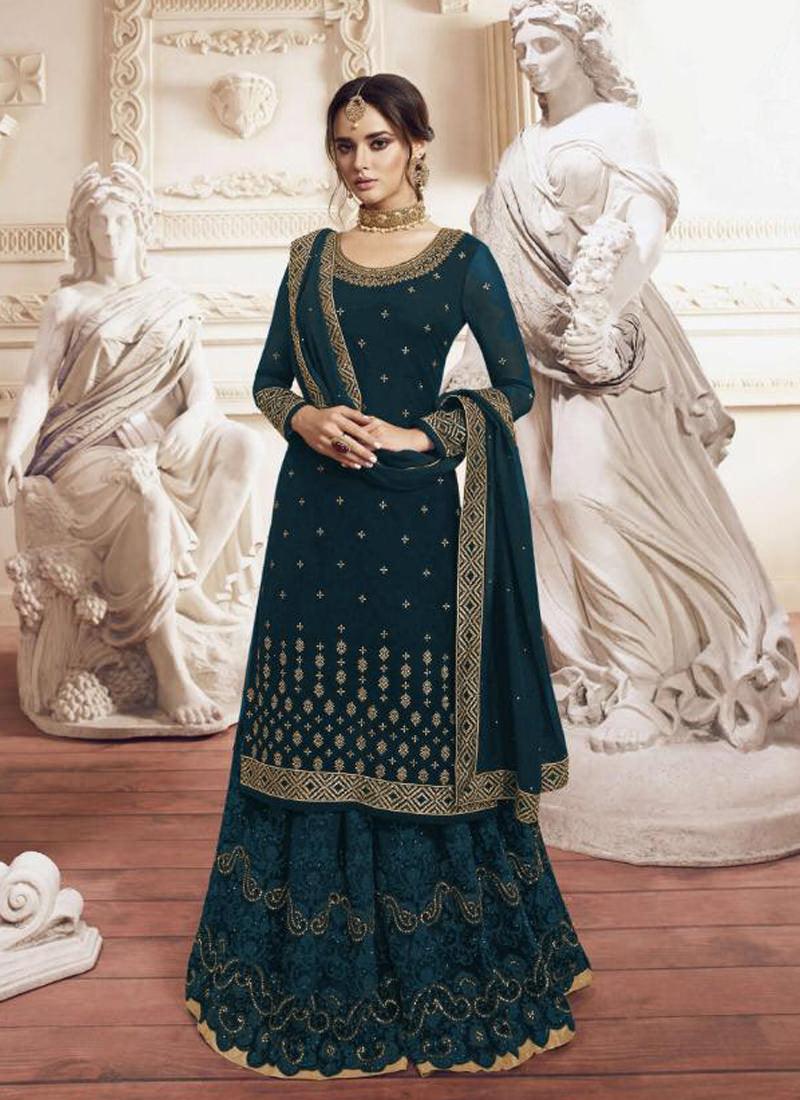 Elegant Teal Blue Georgette Palazzo Salwar Suit Buy Cheap Get Authentic