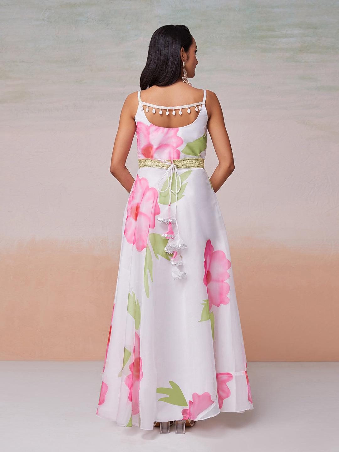 White Floral Printed Organza Gown with belt Low Pice Fee Shipping Cheap Online