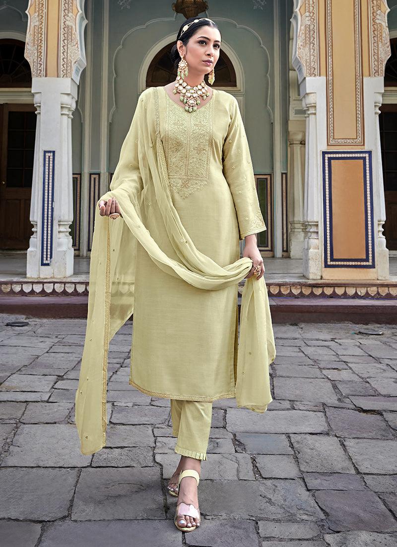 Mellow Yellow Color Silk Fabric Embroidered Pant Style Suit With Dupatta Outlet Nicekicks