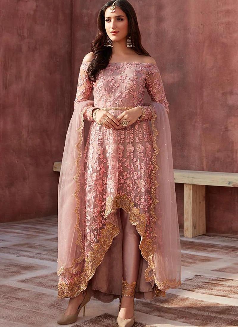 Peach Zari Soft Net Pant Style Pakistani Suit For Reception Cheapest For Sale