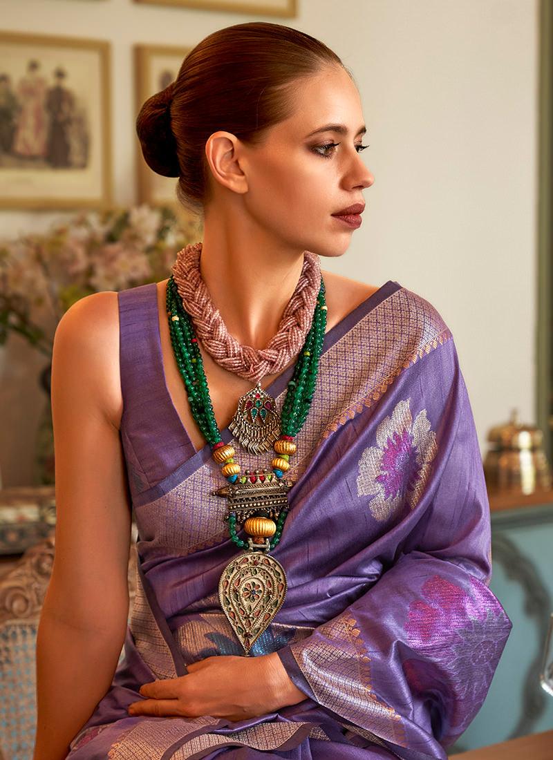 Multi-Colored Sequins Work Purple Silk Saree Free Shipping For Sale