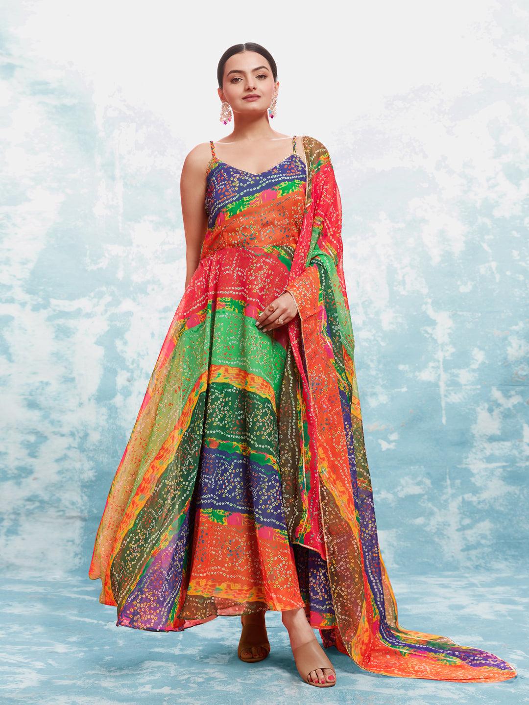 Multi color bandhani print gown with dupatta Buy Cheap Pay With Paypal