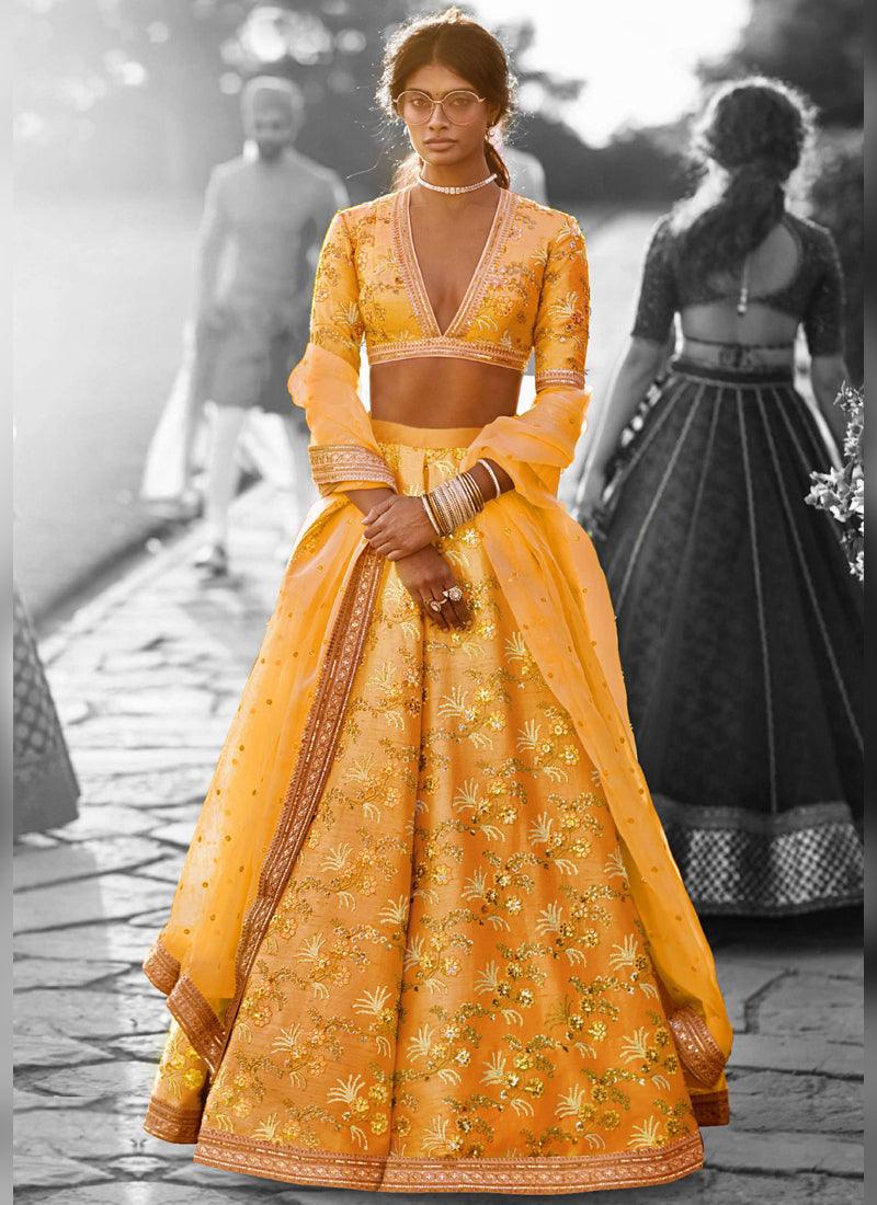 Designer Silk Base Mustered Yellow Color Embroidery Work Lehenga Choli Discount Pay With Visa