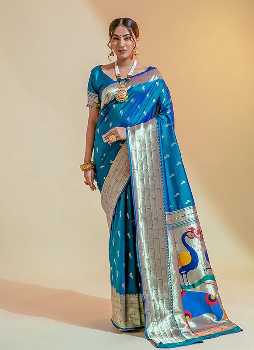 Sky Blue Zari Weaving Pure Paithani Silk Saree Cheap Very Cheap