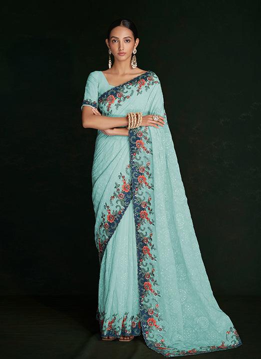 Entrancing Turquoise Lucknowi Embroidered Georgette Saree Buy Cheap Visit