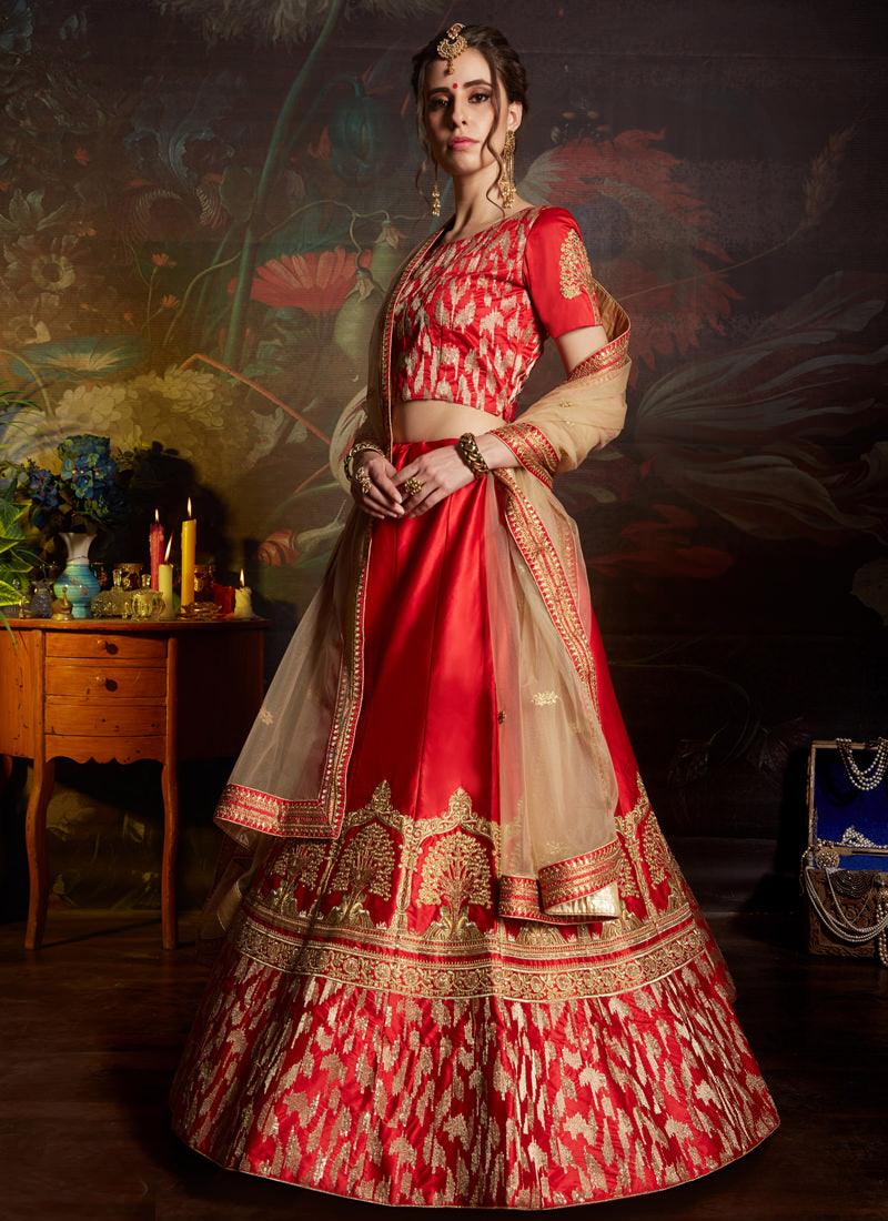 Red Color Satin Base Embroidered Designer Lehenga Choli Comfortable Cheap Pice