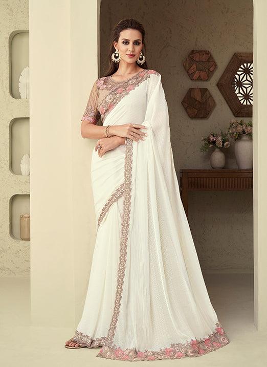 White Silk Pastel Saree with Net Base Blouse Sale Pick A Best