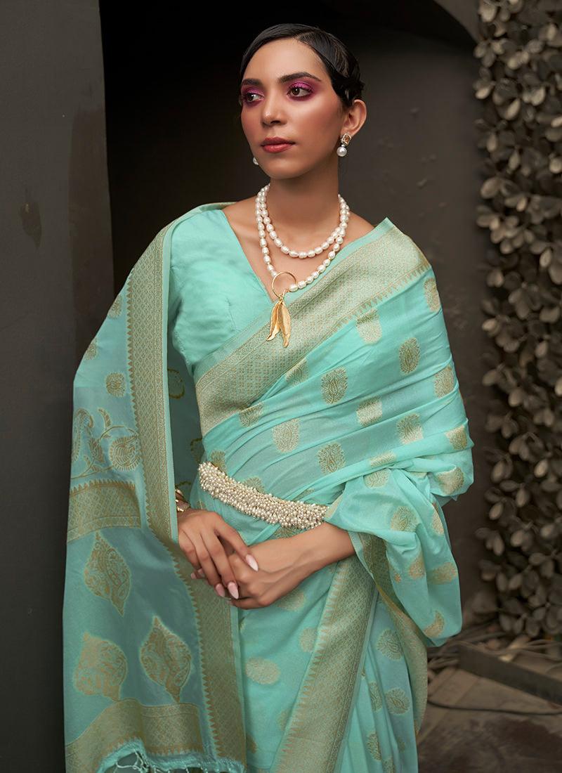 Sea Green Nylon Chinon With Two Tone Saree Pictures For Sale