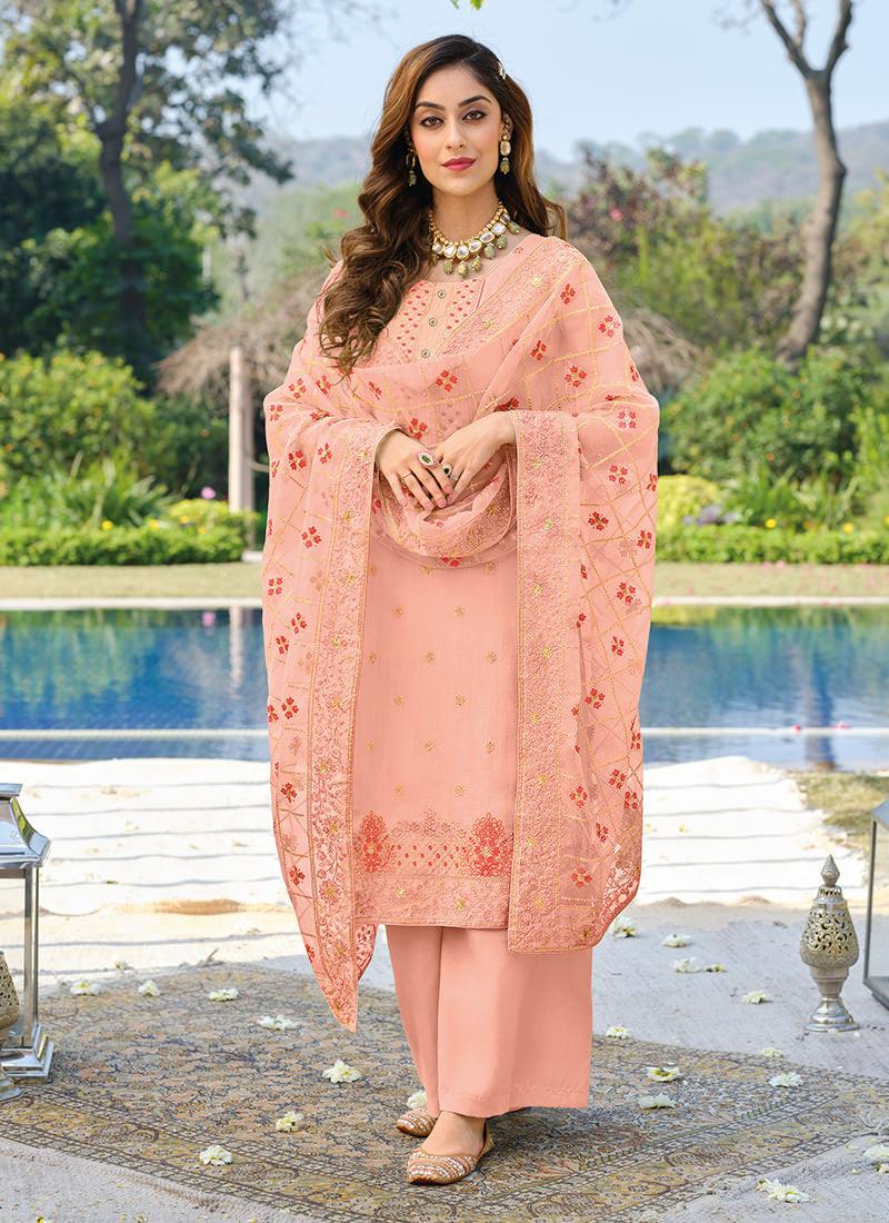 Peach Viscose Casual Palazzo Suit Original For Sale