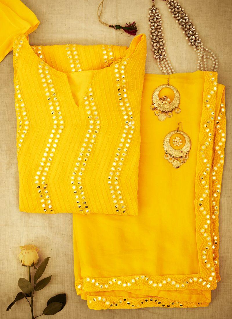 Phenomenal Light yellow Colored Palazzo Suit Decorated with Mirror Cheap Sale Ebay