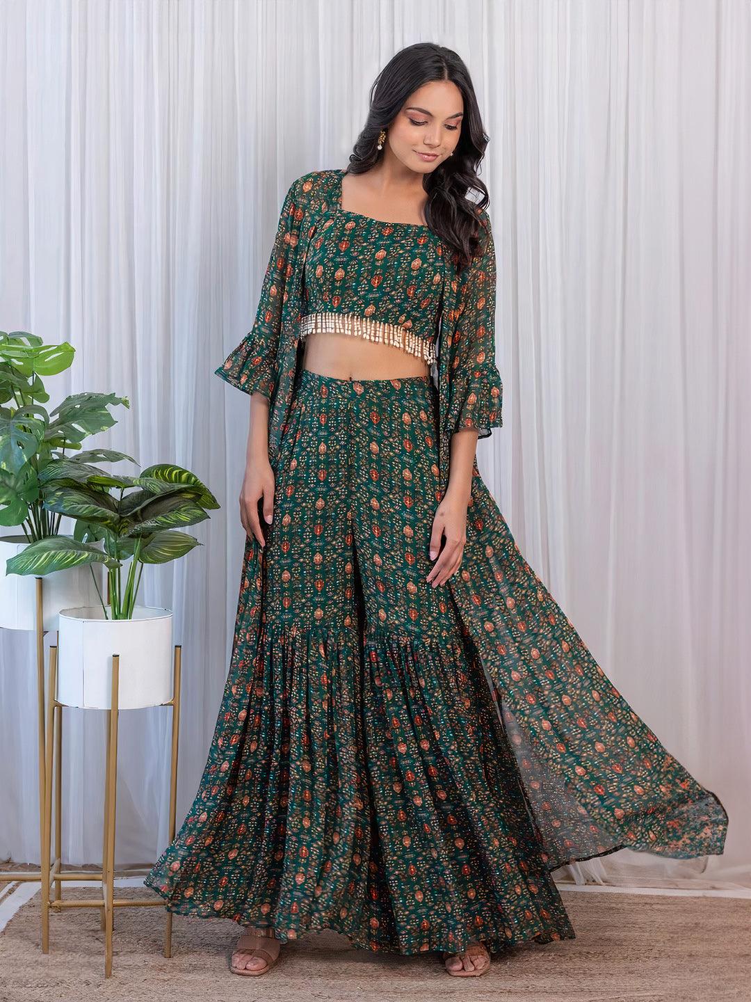 Bottle Green Printed Georgette Crop-Top & Sharara Set Cheap Sale View