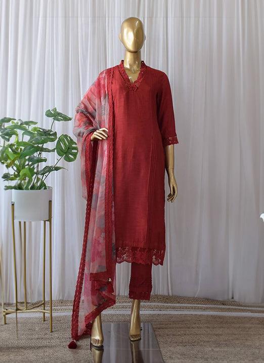 Red Cotton Silk Pant Style Suit with Printed Dupatta Low Cost For Sale