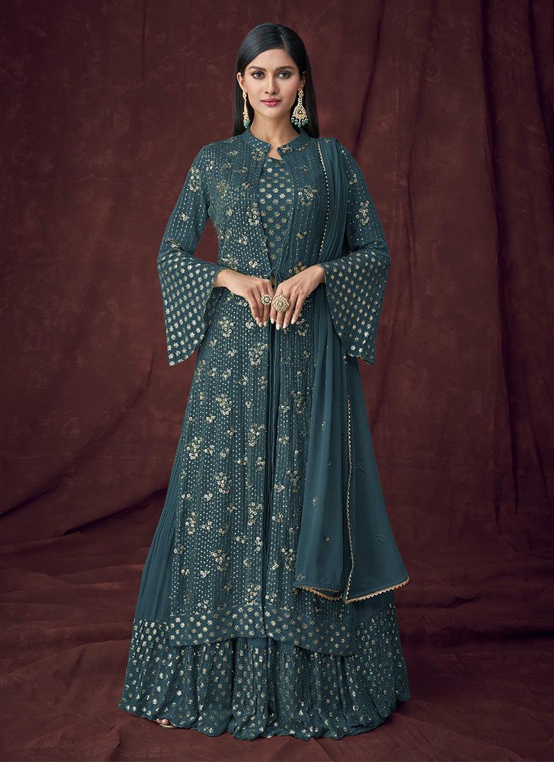 Teal Green Color Georgette Base Sequins Work Jacket Style Lehenga choli Clearance Great Deals