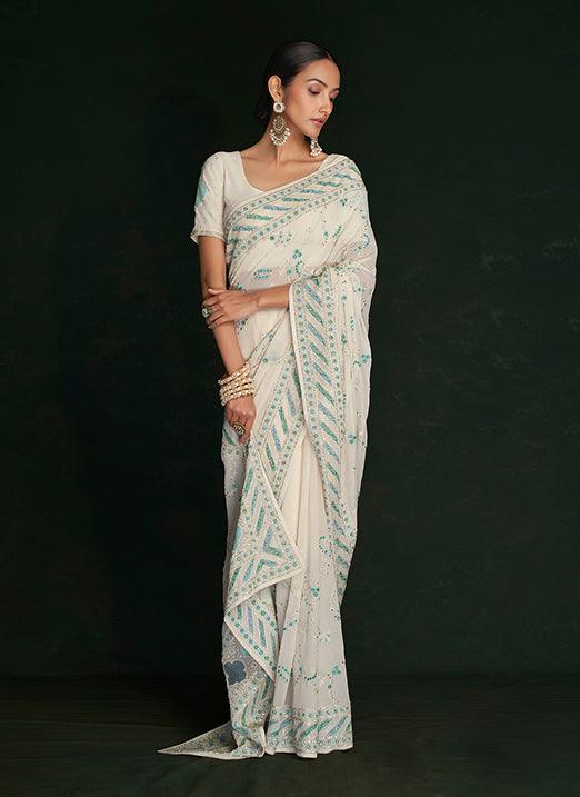 Lovable White Georgette Saree with Lucknowi Embroidery Free Shipping For Sale