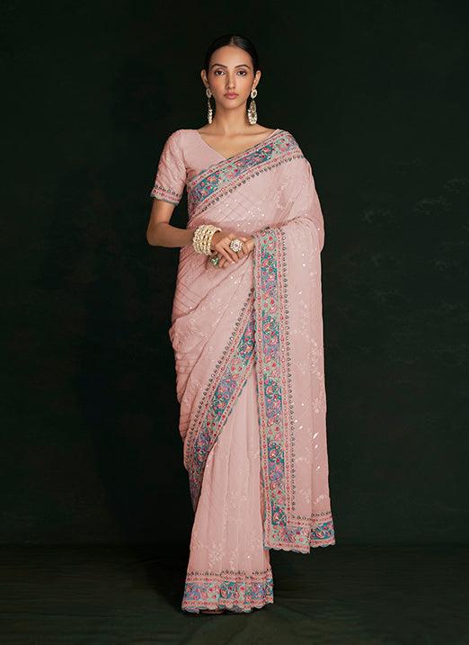 Entrancing Peach Lucknowi Embroidered Georgette Saree Outlet Find Great