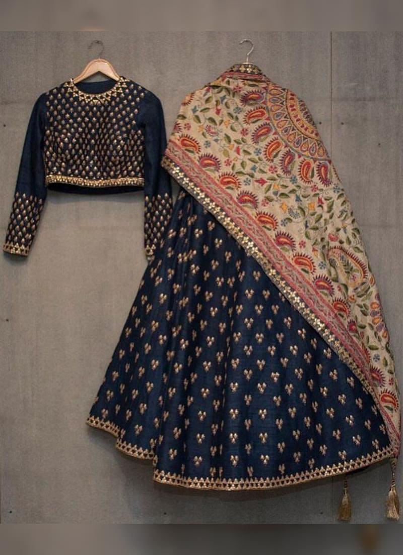 Stunning Navy Blue Taigar Silk Lehenga Choli with Fine Embroidery Cheap Sale For Cheap