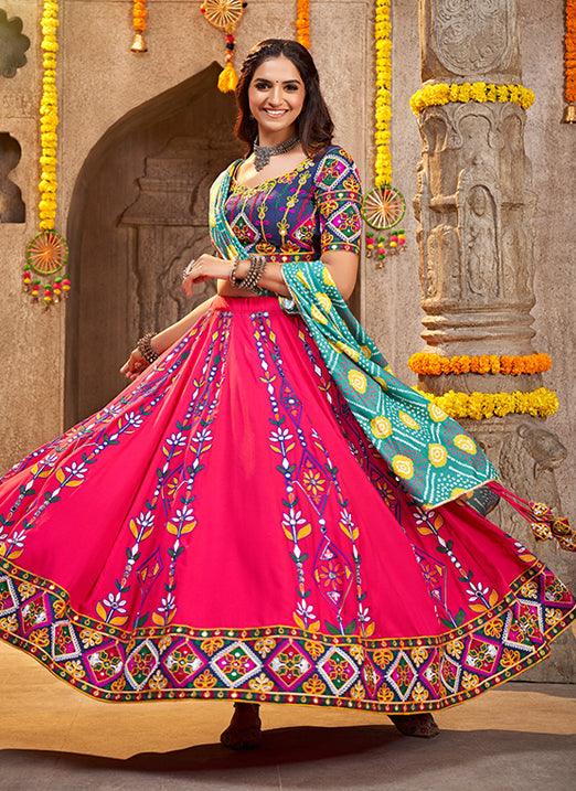 Navratri Special Deep Pink Viscose Rayon Thread Embroidered Lehenga Choli with Mirror Work Clearance Deals