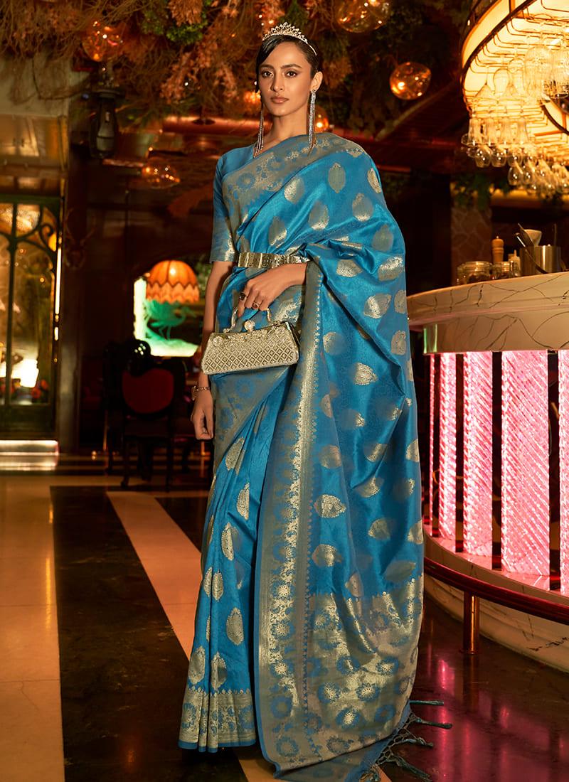 Handloom Weaving Sky Blue Partywear Saree Clearance Pictures