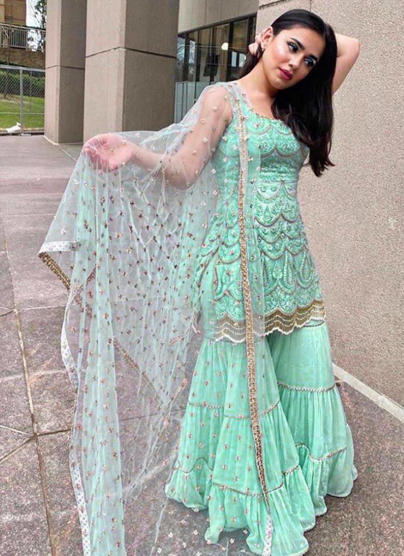 Enticing Sea Green Color With Embroidery Hand Work Sharara Suit Buy Cheap Deals