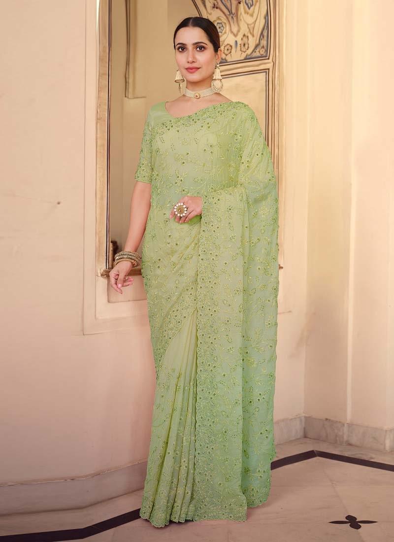 Light Green Color Chiffon Base Dori And Sequins Work Partywear Saree Perfect For Sale