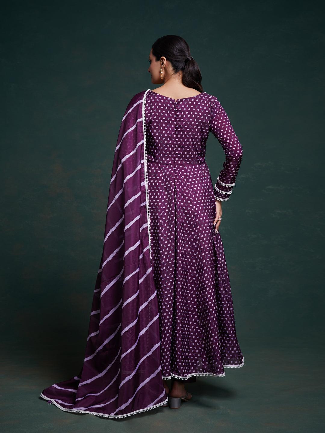 Purple bandhani pattern anarkali suit Cheap Sale Explore