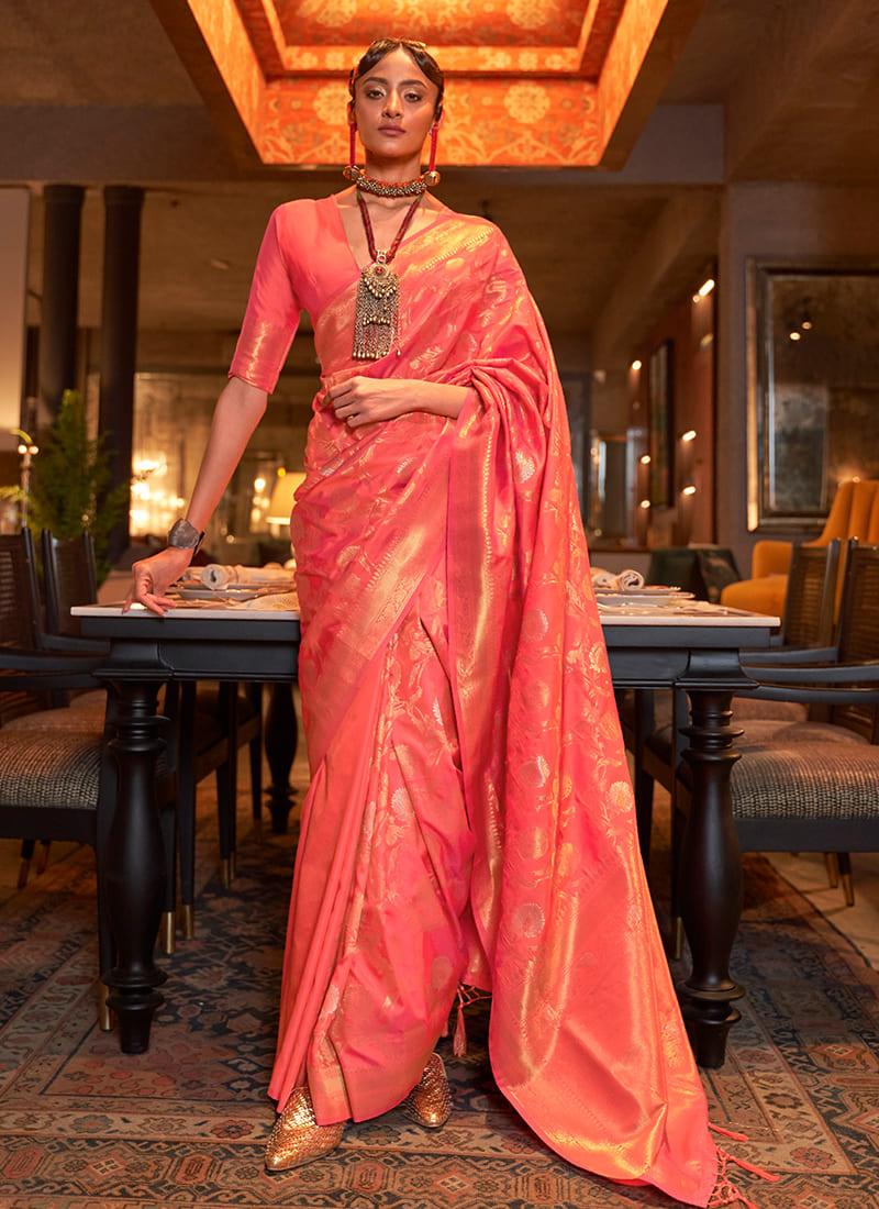 Handloom Weaving Silk Orange Saree Amazon Online