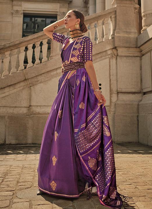 Purple Pure Satin Handloom Weaved Saree from Paris Edition Cheap Sale Huge Surprise