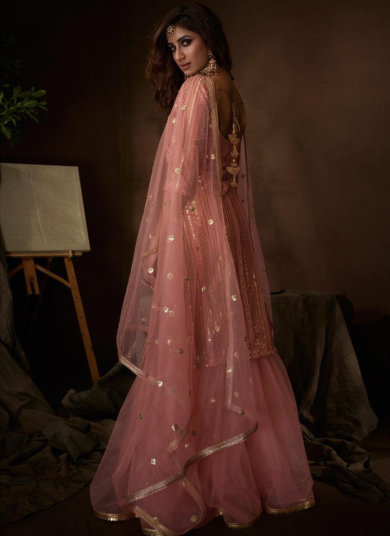 Elegant Peach Pink Soft Net Base Sequin Sharara Suit Cheap Usa Stockist