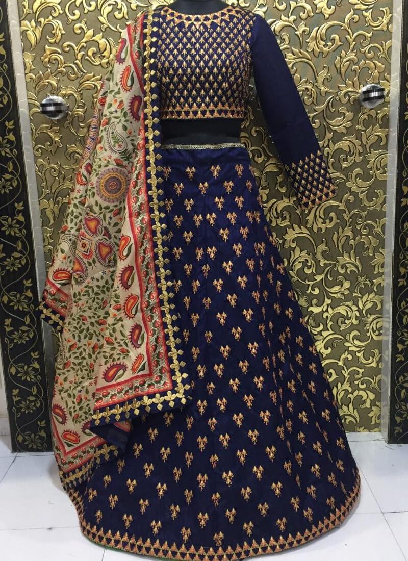 Stunning Navy Blue Taigar Silk Lehenga Choli with Fine Embroidery Cheap Sale For Cheap