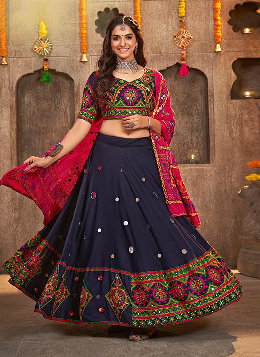 Navratri Special Navy Blue Viscose Rayon Thread Embroidered Lehenga Choli with Mirror Work Clearance Cheap Online