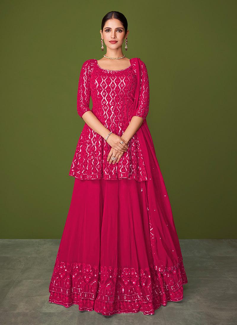 Elbow Sleeves Fully Embroidery Sequins Worked Rani Pink Long Choli Lehenga Sale Footlocker Finishline